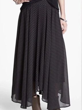 Free People Black Tan Polka Dot Asymmetrical Handkerchief Maxi Skirt Boho Size L